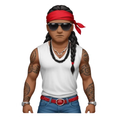 Samoan male.
loose fitting white t-shirt. 
Red bandana. 
Red jeans. 
long black braided hair.
very muscular.
tattoos. 
Tough and menacing. 
Gangster sunglasses. sticker