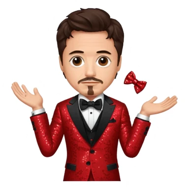 Robert Downey Jr with dark brown hair, red sequin suit with bow tie sticker