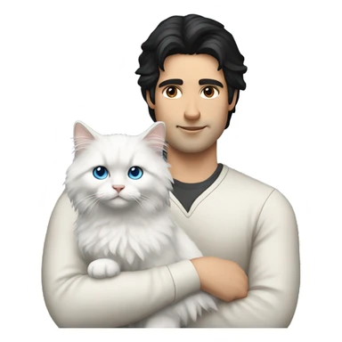 Man with black hair and holding a all white Siberian cat with blue eyes sticker