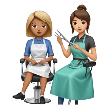 woman getting a haircut from a female hairstylist, client sitting in chair with apron, hairstylist standing behind holding scissors sticker