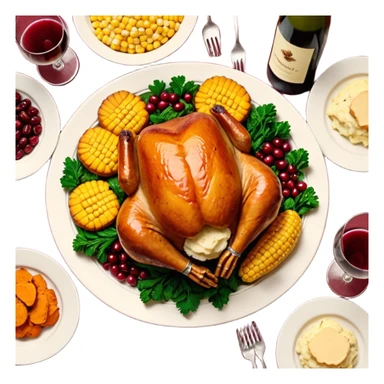 Thanksgiving Dinner with 6 friends of all different races around the table; have the food be a cooked turkey, mashed potatoes, corn, a basket of biscuits, a small bowl of cranberry sauce, baked yams, steamed vegetables, and a bottle of wine. sticker