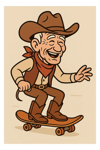 senior cowboy with wrinkled face, cowboy hat, riding a skateboard, cheerful and adventurous sticker