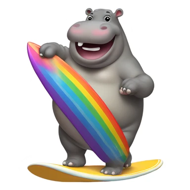 Fat hippo riding surfboard over a rainbow  sticker
