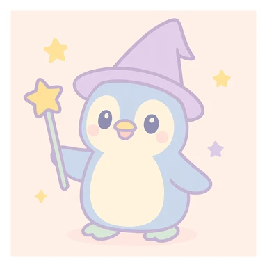 whimsical penguin dressed as a wizard, wearing a pointed hat and holding a magic staff, cute and magical style sticker