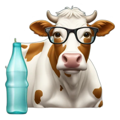 Cow with glasses drinking from a bottle sticker