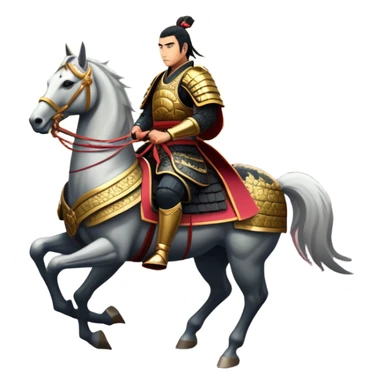 An icon representing an adventure game, inspired by feudal Japan. The design features a disciplined samurai riding a noble warhorse, its armor adorned with intricate patterns. A backdrop of cherry blossoms and a setting sun over a distant pagoda conveys a sense of honor, tradition, and battle-readiness. Transparent background. sticker