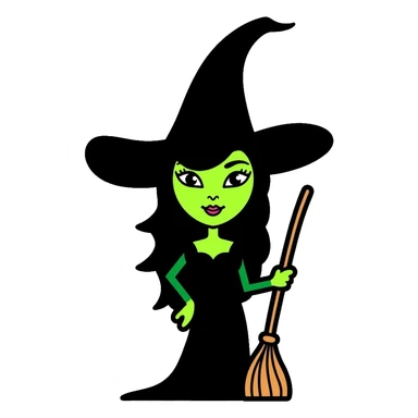 Elphaba from Wicked musical, green-skinned witch with pointy black hat and broom sticker