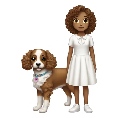 Girl with brown curly hair with bow in hair wearing cute white dress with a dog sticker