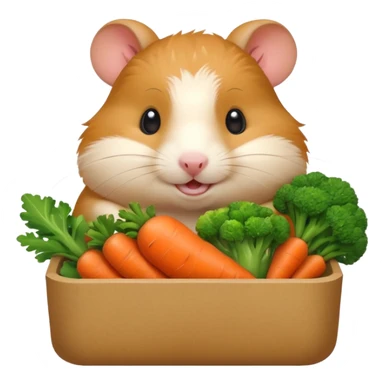 Cute chubby cartoon-style hamster holding a small bento box filled with vegetables, smiling proudly. Soft painterly shading, white background, sticker-style illustration sticker