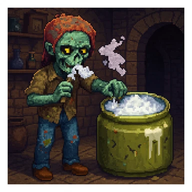 A zombie sniffing white powder with a background in the style of a pixel art sticker