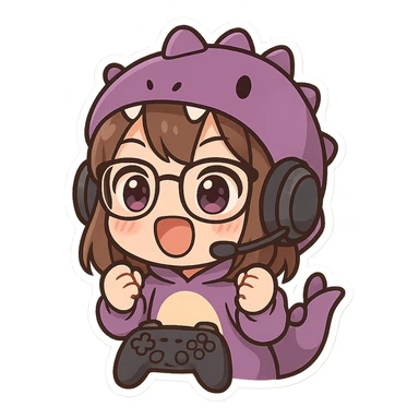 chibi anime style gamer girl with glasses, brown hair, dark purple eyes, wearing a purple dinosaur costume, making an excited emote sticker