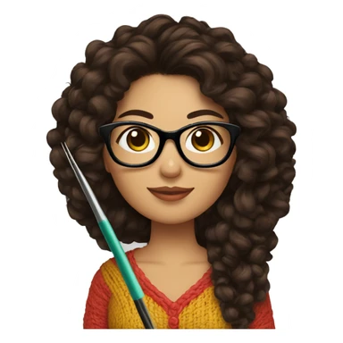 Hispanic woman with black glasses long dark brown curly hair holding crochet needle and yarn sticker