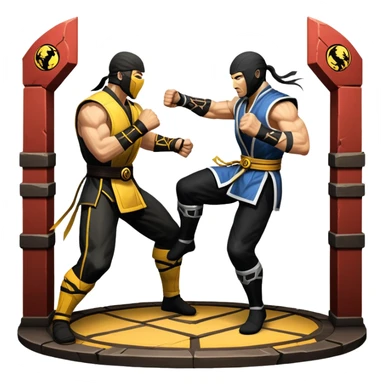 An icon showing two fighters in combat poses, inspired by Mortal Kombat. One character delivers a powerful kick, while the other blocks. The background features an iconic arena from the game with life bars at the top, symbolizing intense battles. Transparent background. sticker