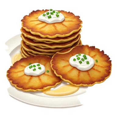 Cinematic Realistic Placki Ziemniaczane Dish Emoji, depicted as crispy potato pancakes served with sour cream rendered with vivid textures and warm, appetizing lighting. sticker