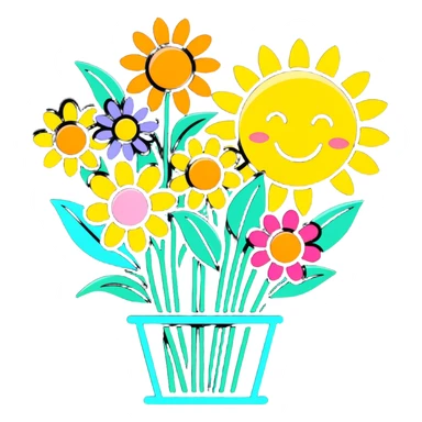 flowers in garden with sun with inscription Good morning  sticker
