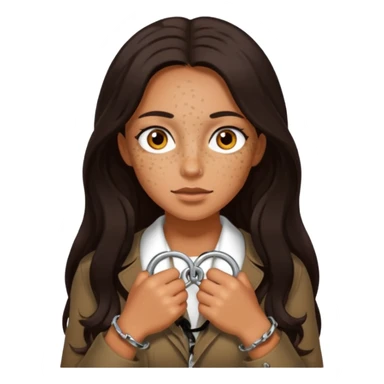 Tan skin with freckles, long dark hair, hazel eyes Dominatrix with handcuffs sticker