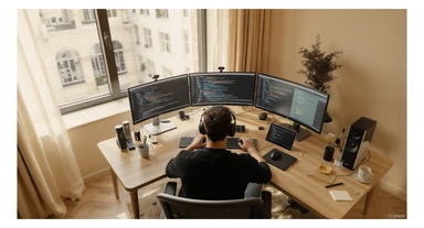 Cinematic shot of a programmer programming on tripple display setup PC, top dutch angle, Warm bright vibe, modern clean expensive minimalistic apartament, model is dress like designer, morning, big window, captured on arri alexa sticker