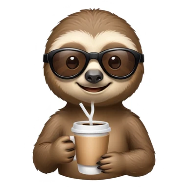Create a high-quality emoji-style cartoon character of a smiling sloth named Sam. He wears black sunglasses and holds a small fuel nozzle in one hand, and a coffee cup in the other. The expression is relaxed and confident. The emoji should have a clean, minimal outline and be optimized for small size display. Transparent background. sticker