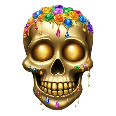 Realistic sugar skull decorated with colorful rhinestones with metallic gold candle on top of its head dripping down melted metallic gold wax down the skull sticker
