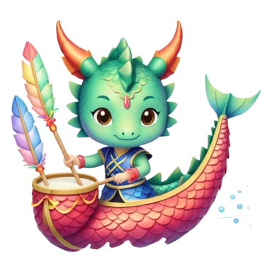 A chibi girl dressed as a dragon boat drummer, holding soft pastel drumsticks, standing in a fluffy dragon boat, colorful festival ribbons flying, sparkles and cute mini fish swimming below, soft pastel colors, watercolor texture, transparent background sticker