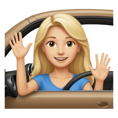 blonde long hair woman driving car. one hand up Happy face confidence sticker