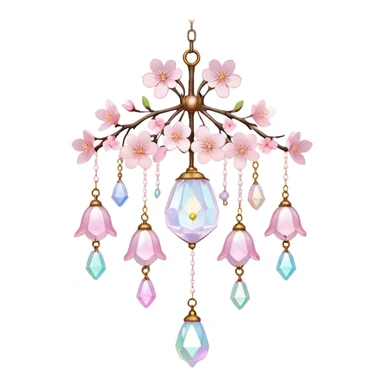 Hanging Iridescent pastel pink sakura crystals white-pearly suncatcher with a tiny bell chandelier sticker