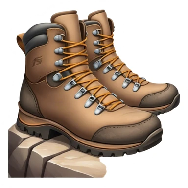 Cinematic Realistic Hiking Boots, well-worn leather boots resting on a rocky trail, scuffed edges and dirt-speckled laces adding character, glowing softly under the dappled sunlight filtering through the trees. sticker