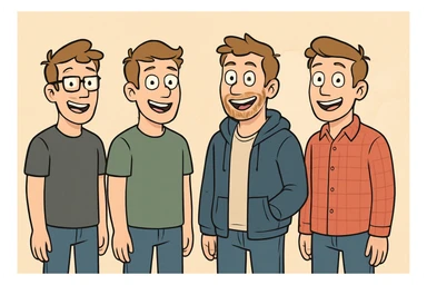 four casual style Adams standing next to each other, smiling sticker