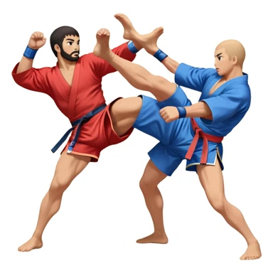 An icon symbolizing Sambo, featuring two fighters in blue and red kimonos with shorts and wrestling shoes. One executes a powerful throw, while the other attempts a defensive grab. The fighters are engaged in a grapple, using joint locks and sweeps.  sticker