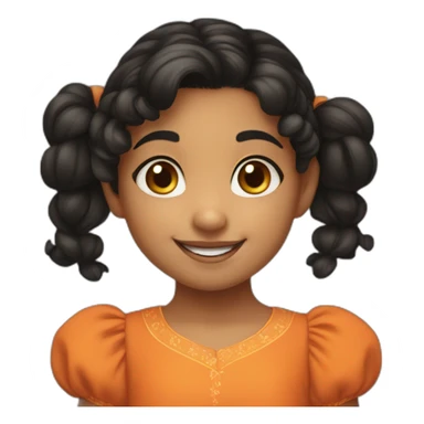 smiling and pointing 3 years old indian girl with black curly hair in pigtails wearing a orange dress sticker