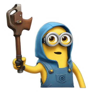 a minion in a blue sleeveless shirt with a hood on his head there is no face only glasses and eyes and there are pistols in both hands sticker