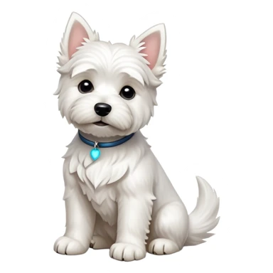 cinematic-[west highland white terrier]-realistic-full-body-sitting-emoji,-tail-resting-loosely-beside-its-paws,-head-tilted-dramatically, dooped ears -wavy-[white-fur,-simplified-yet-realistic-focused-features,-highly-detailed,-glowing-with-an-almost-sarcastic-glow sticker