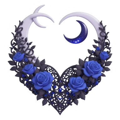 gothic heart, midnight blue glass, silver crescent moon, tiny black roses, shimmering stardust, black lace veil sticker