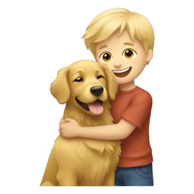 little blonde boy hugging a happy golden retriever  sticker