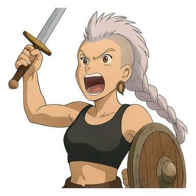 A sword maiden, mohawk, long braid white hair with lavender and tips long messy bangs one side, gold yellow eyes, black crop top, brandishing an arming sword and a shield, roaring! rah! sticker