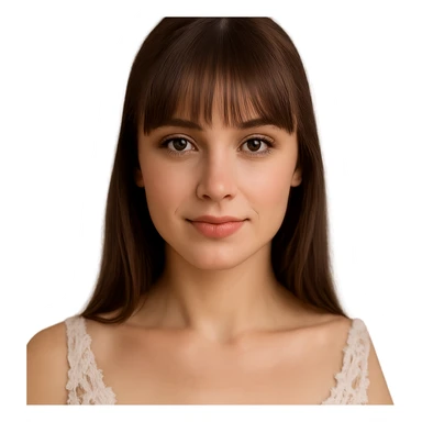 bride with light skin, hazel eyes, brunette straight hair with bangs, close-up portrait, soft background sticker