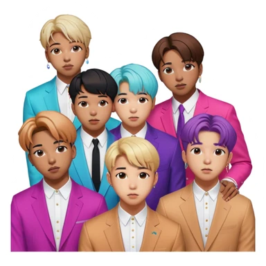 Cinematic Realistic group portrait of BTS featuring all 7 members in stylish modern attire, with detailed facial expressions and vibrant colors, captured in dynamic, contemporary lighting that emphasizes their global pop icon status sticker