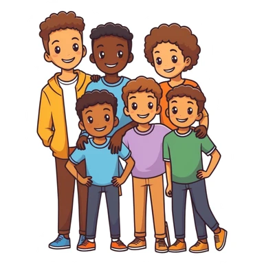 Make an emoji of a group of 5 friends, 2 are girls 3 are boys. One of the boys is brown, one of the girls is brown sticker