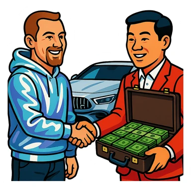 A white man with a goatee in a chrome hoodie (hoodie is metallic, skin is natural), shaking hands with a Chinese man with natural skin color, handing over a briefcase of green money. AMG car in the background. Realistic cartoon style. sticker