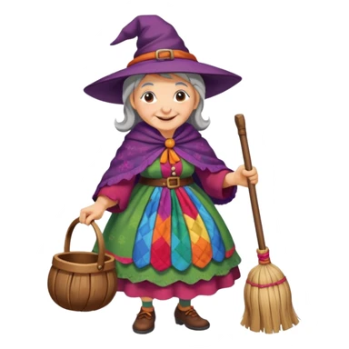 Befana flying on a broomstick: friendly old witch with a warm smile, big nose, rosy cheeks, wearing a colorful patchwork dress and shawl, riding a classic wooden broom. sticker