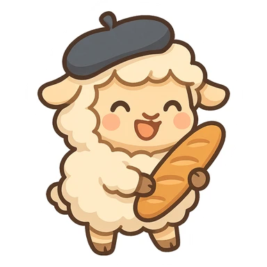 French sheep with a beret, carrying a baguette, cheerful style, chibi stickers style sticker