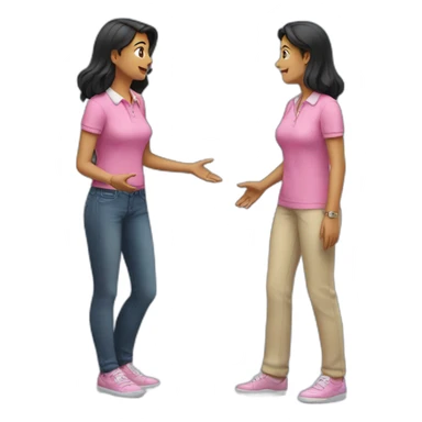 2 women standing talking, an older one receiving advice from a younger one with black long hair and pink polo shirt sticker