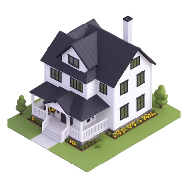 modern farmhouse with white siding, black roof and black trim, isometric exterior view sticker