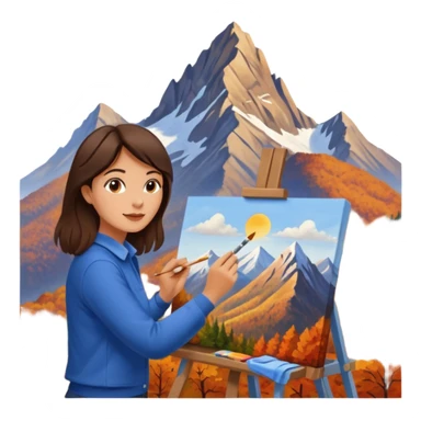 Brunette Artist painting a beautiful autumn mountain peak destination on canvas sticker