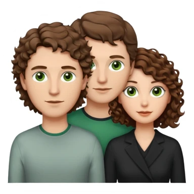 White Man in the middle with brown hair and green eyes, women next to him with short brown hair with slight waves, taller women on right side with shoulder length curly hair and brown eyes sticker