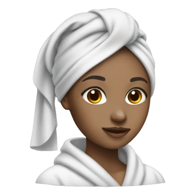 white-skinned girl with a towel on her head in a gray robe doing makeup sticker