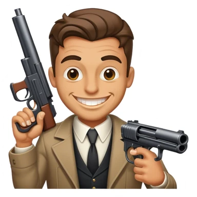 Gangster guy with a big gun with a wide grin on his face and moneybags sticker