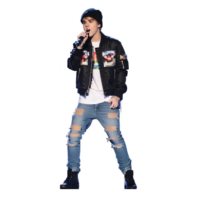 Justin Bieber singing on stage, wearing a jacket and jeans sticker