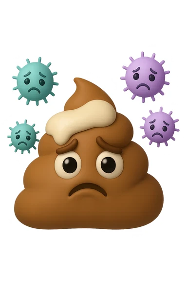 emoji stile iphone 3d di una cacca con muco bianco sopra, dietro cui fluttuano batteri intestinali tristi, iperrealistiche 4k sticker