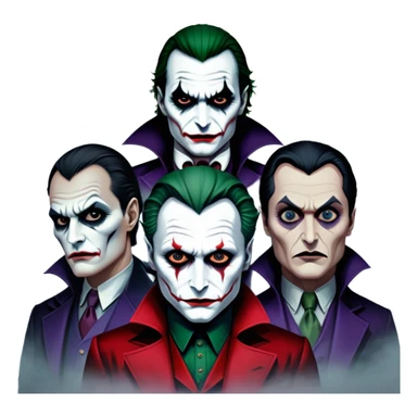 Thriller Movie Icon: A dark, intense collage with close-up images of iconic thriller characters like 1 Joker, 1 Hannibal Lecter, and 1 Vlad Dracula. The background features a moody Gotham City skyline, with shadowy figures and fog. Atmospheric, suspenseful tone. Transparent background. sticker